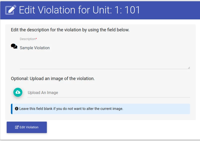 Edit Page for Unit Violations in Property Management Software
